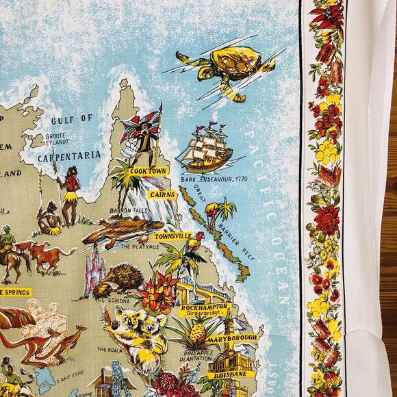 Vtg Australia Wall Hanging Linen Table Cloth Map Large 54" x 51" Kangaroo Floral - Picture 7 of 12